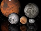 Srovnání velikostí, zleva: Mars, Merkur, Měsíc, Pluto a Haumea (foto: Paul Stansifer, 84user, NASA, Celestia, JPL/Caltech, wikimedia.org)