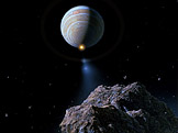 Ilustrace komety Shoemaker-Levy 9 blížící se k Jupiteru (foto: Don Davis, wikimedia.org)