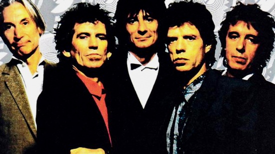 Rolling Stones (zleva Charlie Watts, Keith Richards, Ron Wood, Mick Jagger, Bill Wyman, 1989-90)