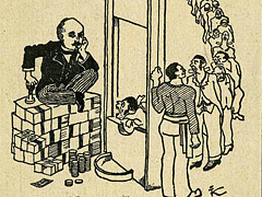 Karikatura na dobové pohlednici (zdroj: Národní muzeum, Archiv NM, Fond Alois Rašín)