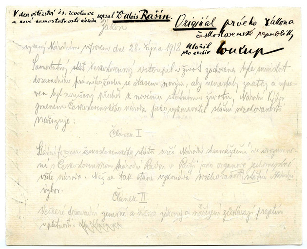 Rukopis zákona sepsaného Aloisem Rašínem (zdroj: Národní muzeum, Archiv NM, Fond Alois Rašín)